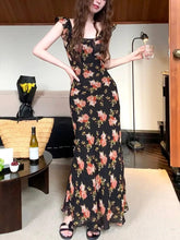 Floral Strap Midi Dress Women Sleeveless Beach Vintage Dress Female French Elegant Bodycon One Piece Dress Korean 2023 Summer
